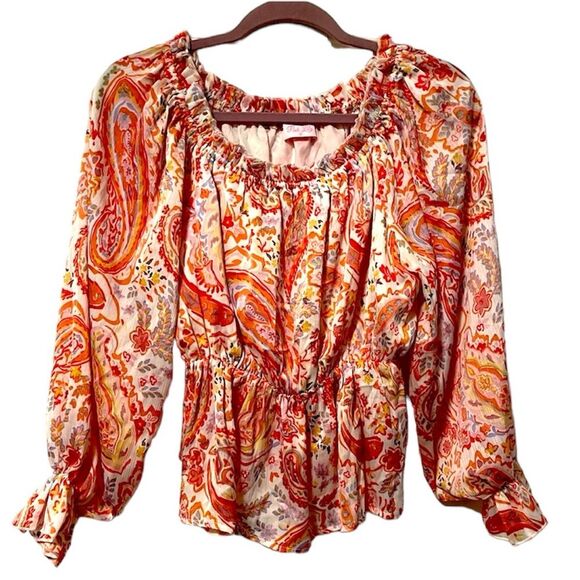 Pink Lily Off The Path‎ Long Sleeve Orange Paisley Belted Blouse Size Medium - Picture 1 of 8
